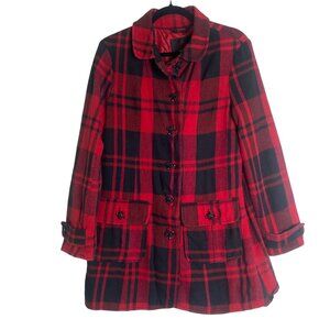 Dakota Coat Womens XL Red Black Plaid Skull Grunge Trench Pea Coat